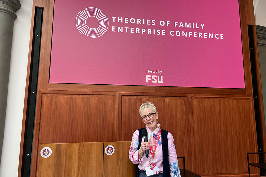 Susan Fiorito, dean of the Jim Moran College of Entrepreneurship and Jim Moran Professor of Entrepreneurship, at the 2025 Theories of Family Enterprise Conference, which took place April 3-5 at the FSU Florence Study Center in Florence, Italy. (Jim Moran College of Entrepreneurship/Eric Liguori)